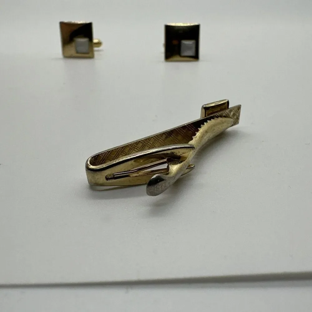 Vintage Gold Cufflinks With Matching Tie Clip White gem Antique Set